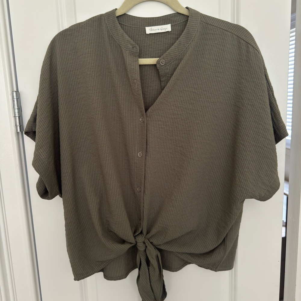 Olive Green Button Front Top with Tie